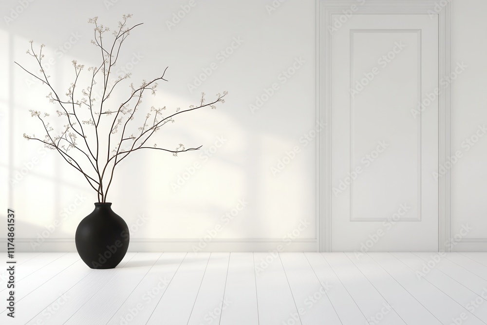 Minimalist interior with black vase branches Minimalist interior with black vase branches
