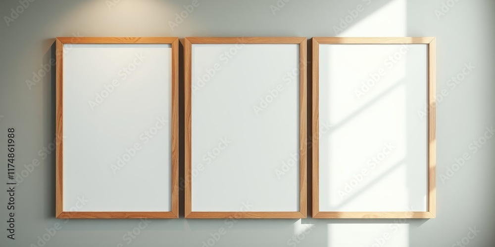 Three Blank Wooden Frames on a Pale Wall, Perfect for Mockups and Interior Design Presentations Three Blank Wooden Frames on a Pale Wall, Perfect for Mockups and Interior Design Presentations