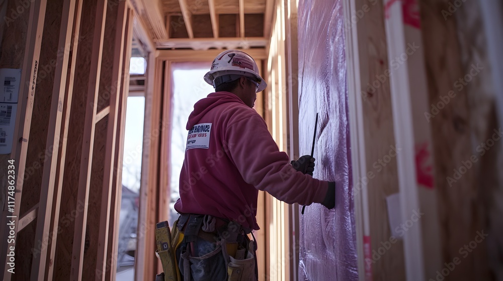 Construction worker installs insulation in a new home under construction in daylight Construction worker installs insulation in a new home under construction in daylight