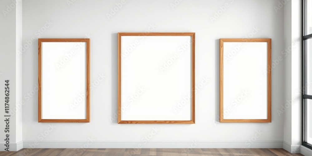 Three empty wooden picture frames on a white wall interior Three empty wooden picture frames on a white wall interior