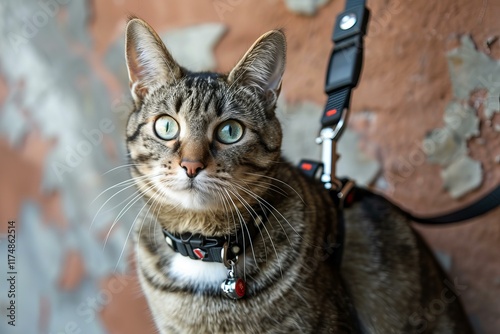 Curious tabby cat wearing a harness and leash going for a walk photo