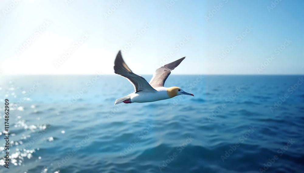 . World Wildlife DayBird flying over shimmering ocean water . World Wildlife DayBird flying over shimmering ocean water