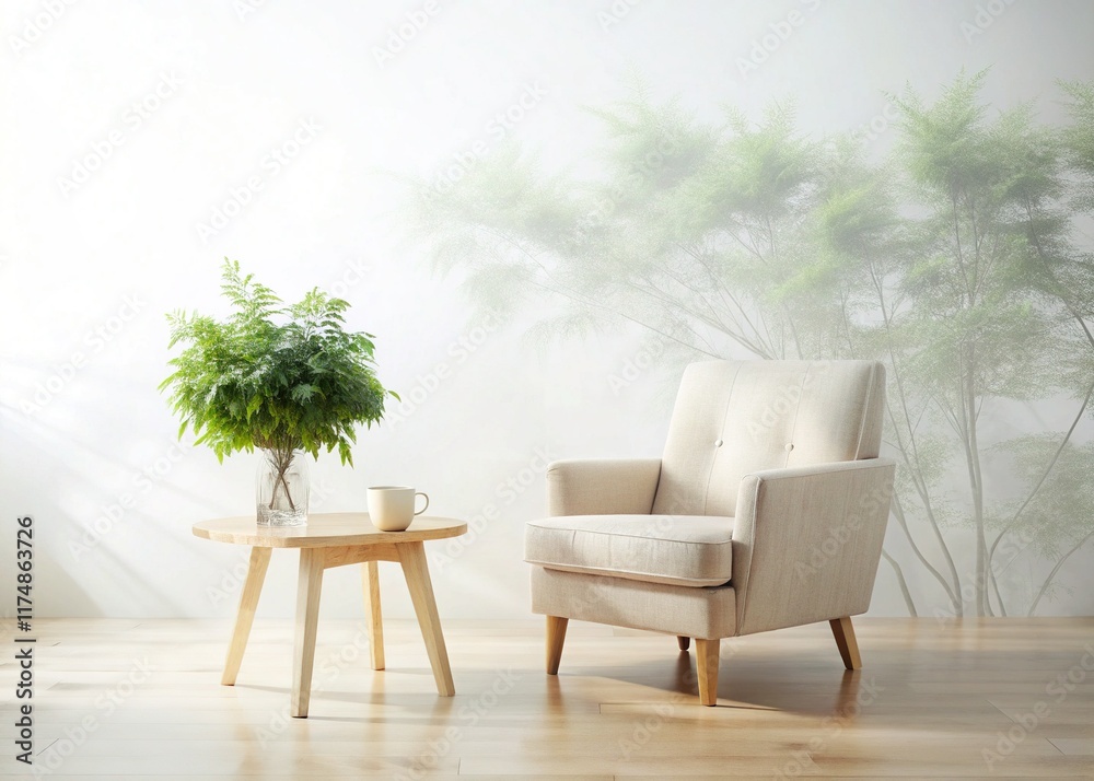 Fototapeta premium Beige Armchair & Wooden Side Table: Double Exposure Stock Photo