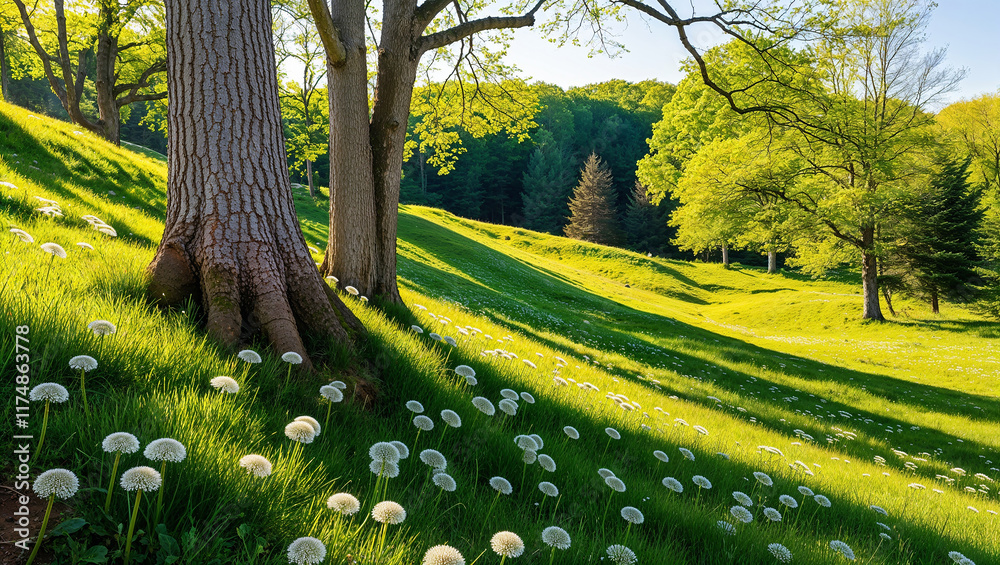Obraz premium Dandelions blooming in a sunny green meadow under trees