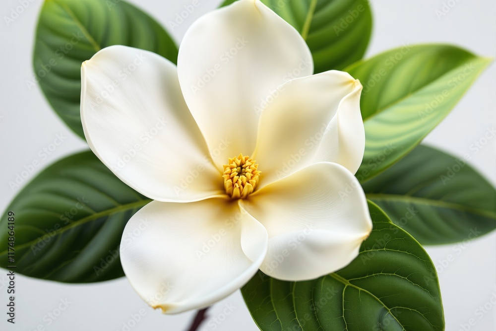 Naklejka premium White magnolia flower with delicate petals and vibrant green leaves in a naturalistic style on a soft light background. Concept of beauty. Ai generative