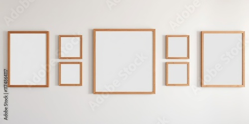 Gallery Wall Mockup Empty Wooden Frames on a White Wall for Interior Design and Art Projects