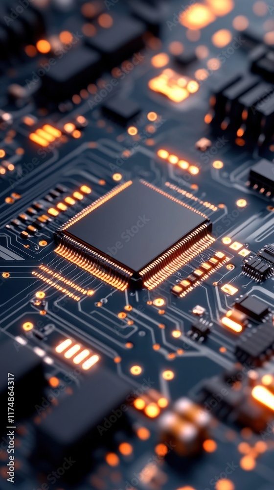 Obraz premium A 3D rendered illustration of a circuit board with glowing orange elements, showcasing intricate electronic components and pathways.