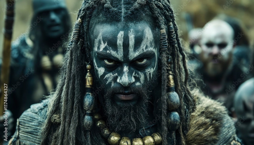 Fototapeta premium Dark haired warrior with tribal face paint stares intensely