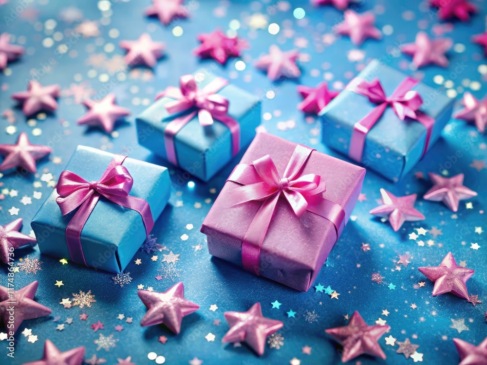 Dreamy candid backdrop: pink boxes against a vibrant blue starry night.