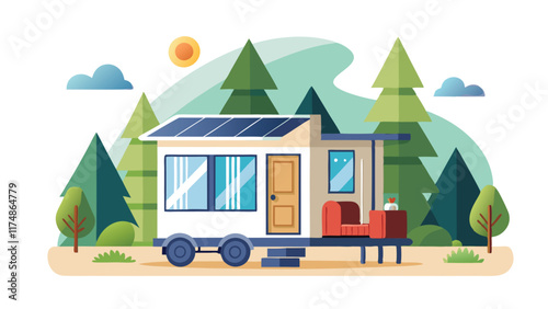 A small house stands in the center of a vast field surrounded by grass and open skies Tiny house Customizable Flat Illustration
