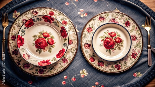 Documentary-style photograph: a sophisticated blue tablescape, floral plates, luxurious tableware.
