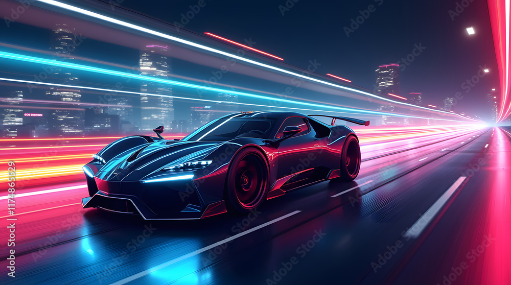 Futuristic Luxury Car On Neon Highway. Powerful acceleration of a premium car with colorful lights
