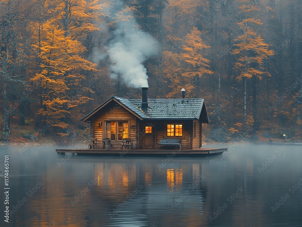 Fototapeta premium Cozy Cabin Retreat Nestled in Misty Forest Lake with Smoke Billowing from Chimney in Tranquil Autumn Scene