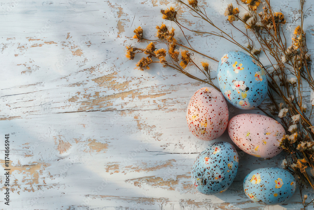 Obraz premium elegant easter eggs with flowers an greenery, space for text, easter invitation template, easter card template