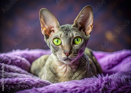 Gray Cornish Rex Cat with Green Eyes Posing on Purple Blanket - Urban Exploration Photography photo