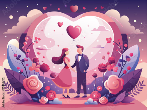 An elegant Valentine's Day-themed vector illustration featuring a romantic scene