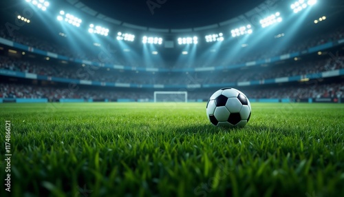 Close-up of a soccer ball on vibrant turf grass in stadium under dramatic lights