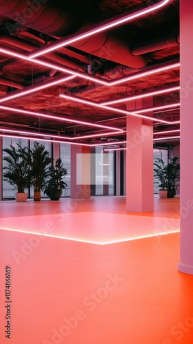 Modern neon cyberpunk office with vibrant pink lighting and minimalist open space; potted plants add a touch of nature. photo