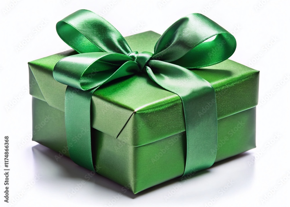 Obraz premium Green Gift Box with Ribbon Bow, Isolated White Background - Perfect for Holiday or Birthday Packaging