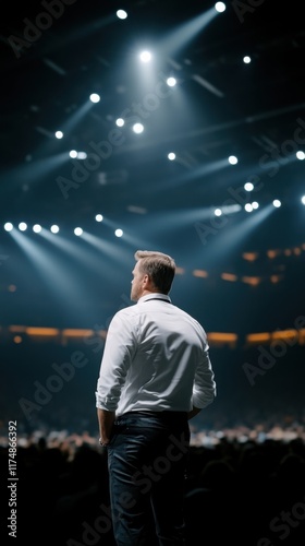 A speaker stands in a dimly lit conference hall, gazing at an attentive audience under bright spotlights.