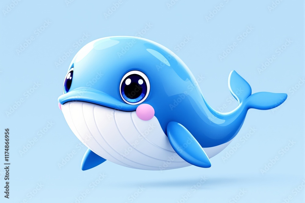 Naklejka premium Adorable blue cartoon whale with large eyes, pink cheeks, and a shiny body, floating on a soft light blue background. Concept of marine life. Ai generative