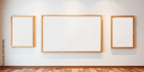 Three blank wooden frames on a white wall above a hardwood floor