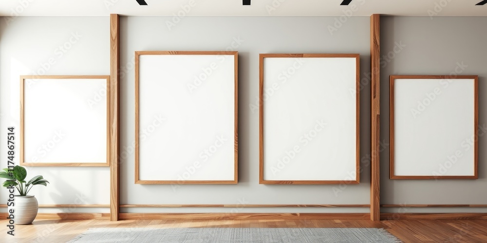 Fototapeta premium Modern Minimalist Interior with Empty Wooden Frames for Artwork or Photography Display