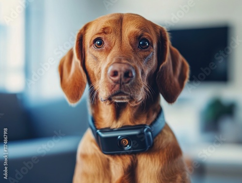 Brown dog sitting on couch photo