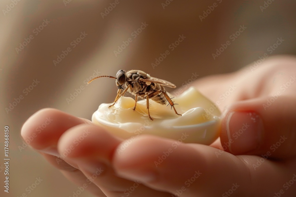Obraz premium Fly is perched on a spoonful of cream, indulging in its sweetness