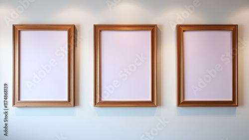 Three Empty Light Brown Wooden Picture Frames on a Wall