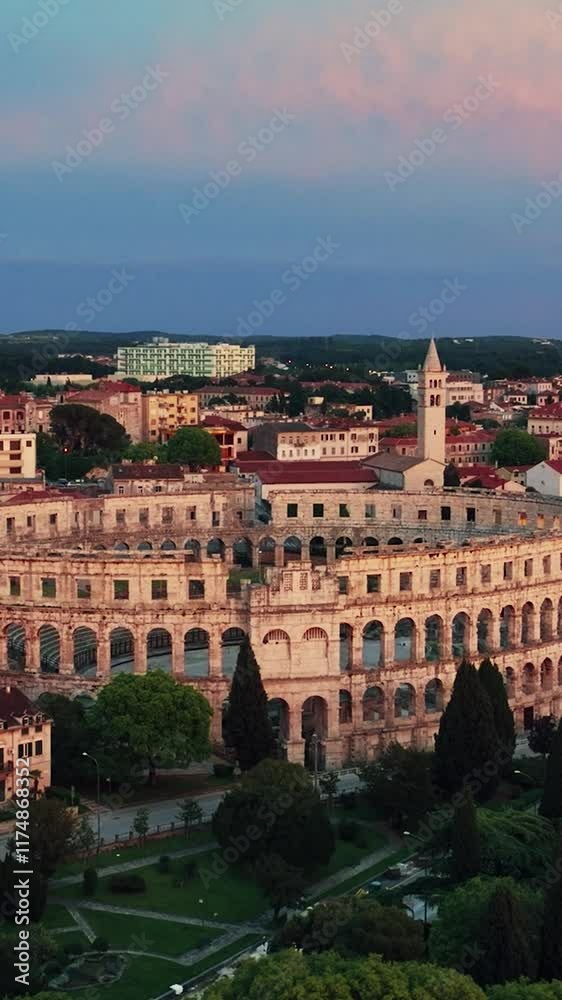 Flying above historic city of Pula at night with evening illumination, historic Roman amphitheatre of Pula aerial view, tourism in Croatia, vacations in the Adriatic. Flying above historic city of Pula at night with evening illumination, historic Roman amphitheatre of Pula aerial view, tourism in Croatia, vacations in the Adriatic.