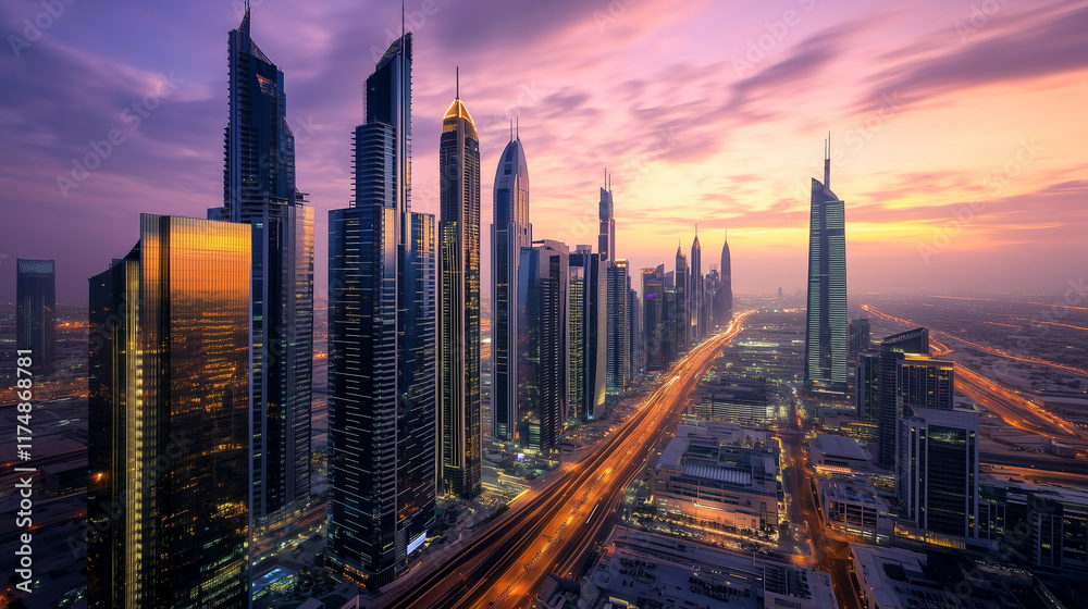 Obraz premium A vibrant cityscape at dusk, with tall glass skyscrapers illuminated by office lights, symbolizing a thriving business district.
