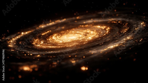 A stunning spiral galaxy glowing with golden hues in the vastness of space. photo