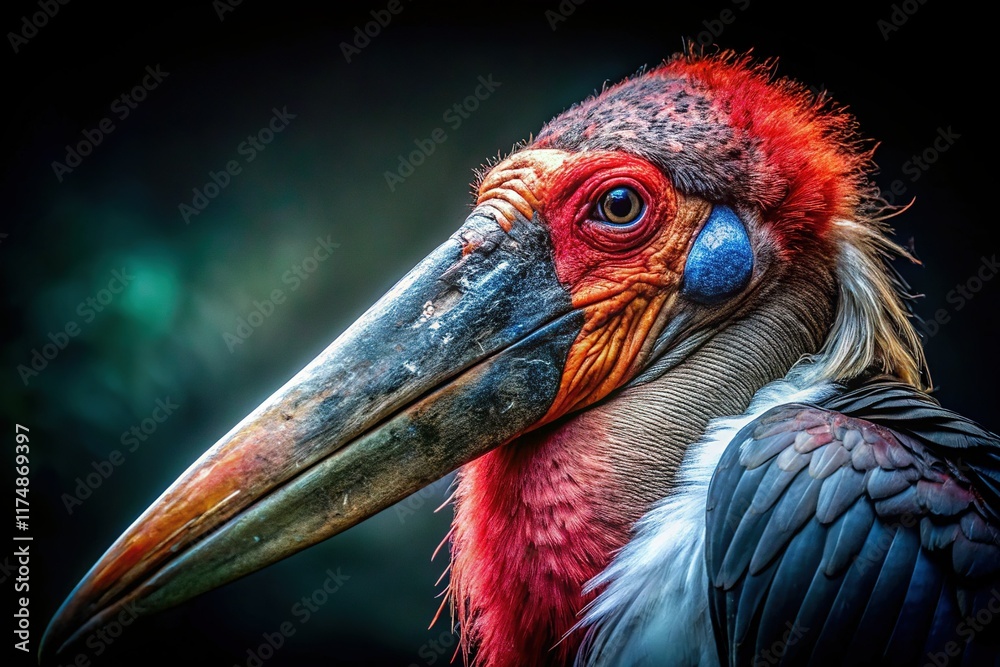 Fototapeta premium Close-Up Night Portrait of a Bald Red-Headed Marabou Stork
