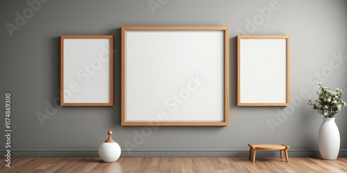 Modern minimalist interior design with three blank wooden picture frames, a small stool, and a decorative vase with flowers
