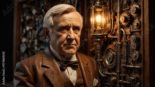 Wallpaper Mural A serene wooden carving of Thomas Edison, depicted with a light bulb and a glowing aura around him, surrounded by carved electrical symbols and gears. Torontodigital.ca