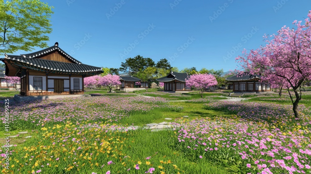Serene landscape with traditional buildings and blooming cherry trees. Serene landscape with traditional buildings and blooming cherry trees.