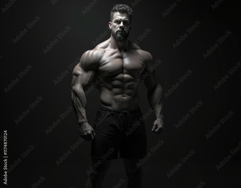 Naklejka premium A Powerful Portrait: Muscular Man Posing Against a Dark Background, Displaying Strength, Fitness, and Athleticism. A Dramatic Studio Shot Emphasizing Physical Conditioning and Bodybuilding.