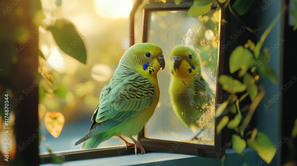 Obraz premium A vibrant budgerigar gazes at its reflection in a mirror, surrounded by lush greenery and warm sunlight.