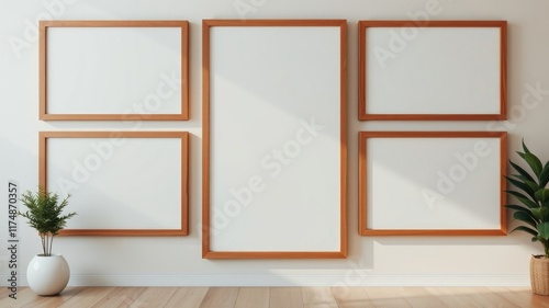 Modern Minimalist Gallery Wall with Empty Picture Frames and Plants