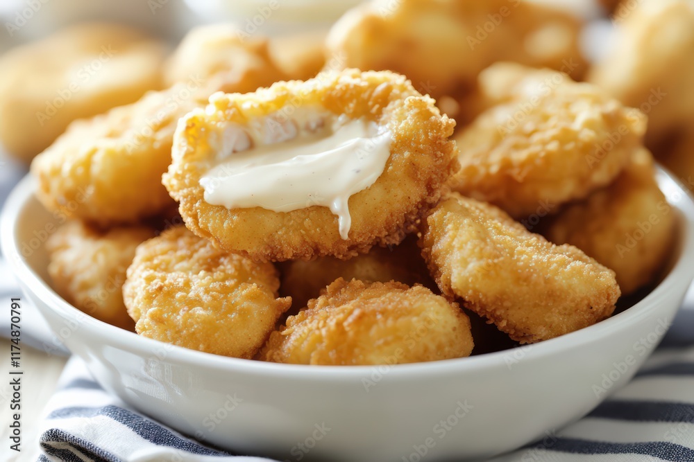 A closeup of a crunchy chicken nugget being dipped into a creamy sauce, surrounded by freshly cooked pieces on a striped napkin, emphasizing its tasty appeal. A closeup of a crunchy chicken nugget being dipped into a creamy sauce, surrounded by freshly cooked pieces on a striped napkin, emphasizing its tasty appeal.