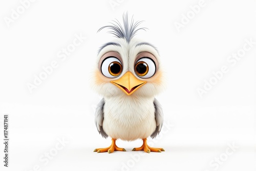 Adorable fluffy bird character with big eyes and expressive face, cartoon-inspired style, isolated on white background, concept of cuteness. Ai generative