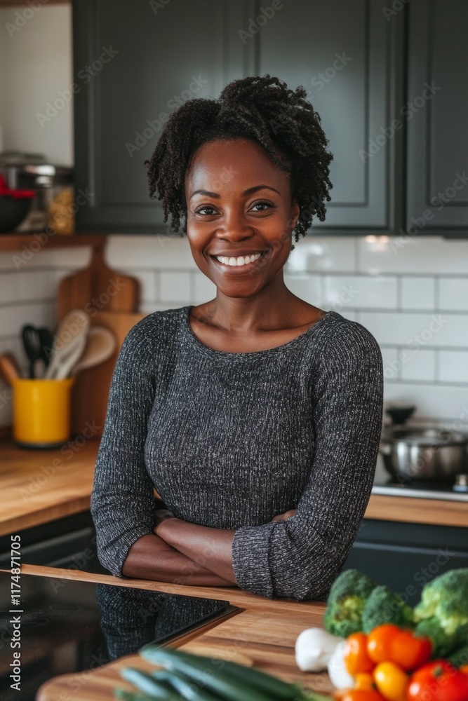 Beaming woman in kitchen shows off something Beaming woman in kitchen shows off something
