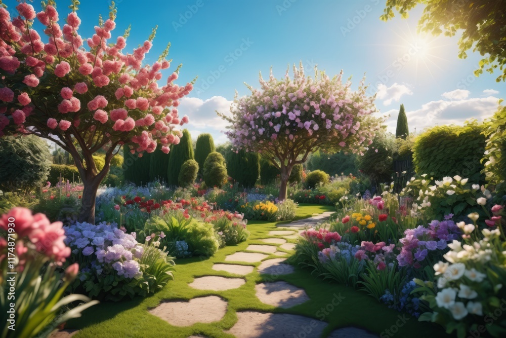 Obraz premium Bright garden in the park with colorful blooming flowers and lush greenery in spring