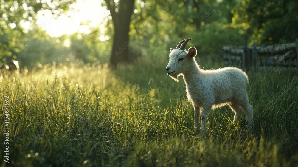 A young white goat stands gracefully in a sunlit meadow, surrounded by lush green grass and trees.