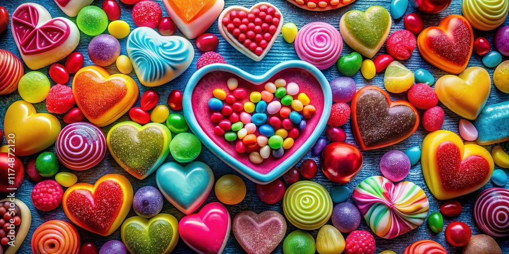 Fototapeta premium Heart-Shaped Candies: Sweet Valentine's Day Treats, Colorful Candy Photography