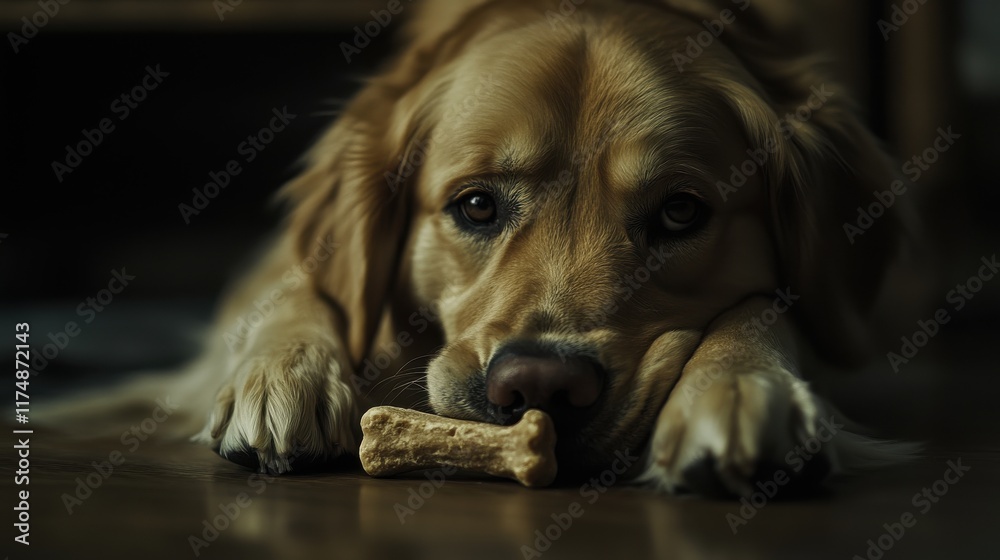A golden retriever patiently awaits its treat, resting its head on the floor beside a bone. A golden retriever patiently awaits its treat, resting its head on the floor beside a bone.