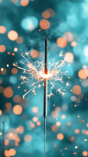 A sparker burns brightly against a blurred teal and orange bokeh background, symbolizing festive joy and celebration. photo