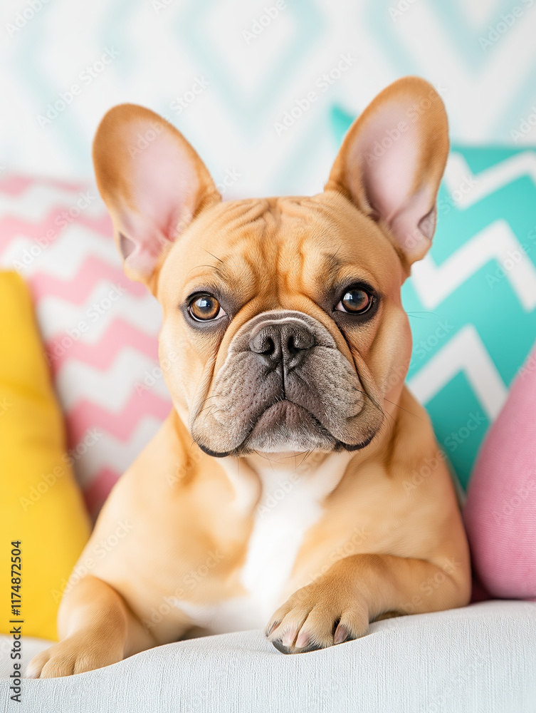 Cute french bulldog relaxing on colorful cushions at home. Cute french bulldog relaxing on colorful cushions at home.