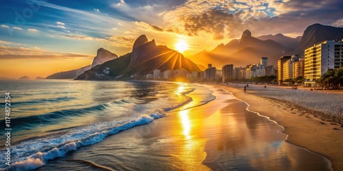Golden sunrise paints Rio's Copacabana and Praia Vermelha, a breathtaking landscape.